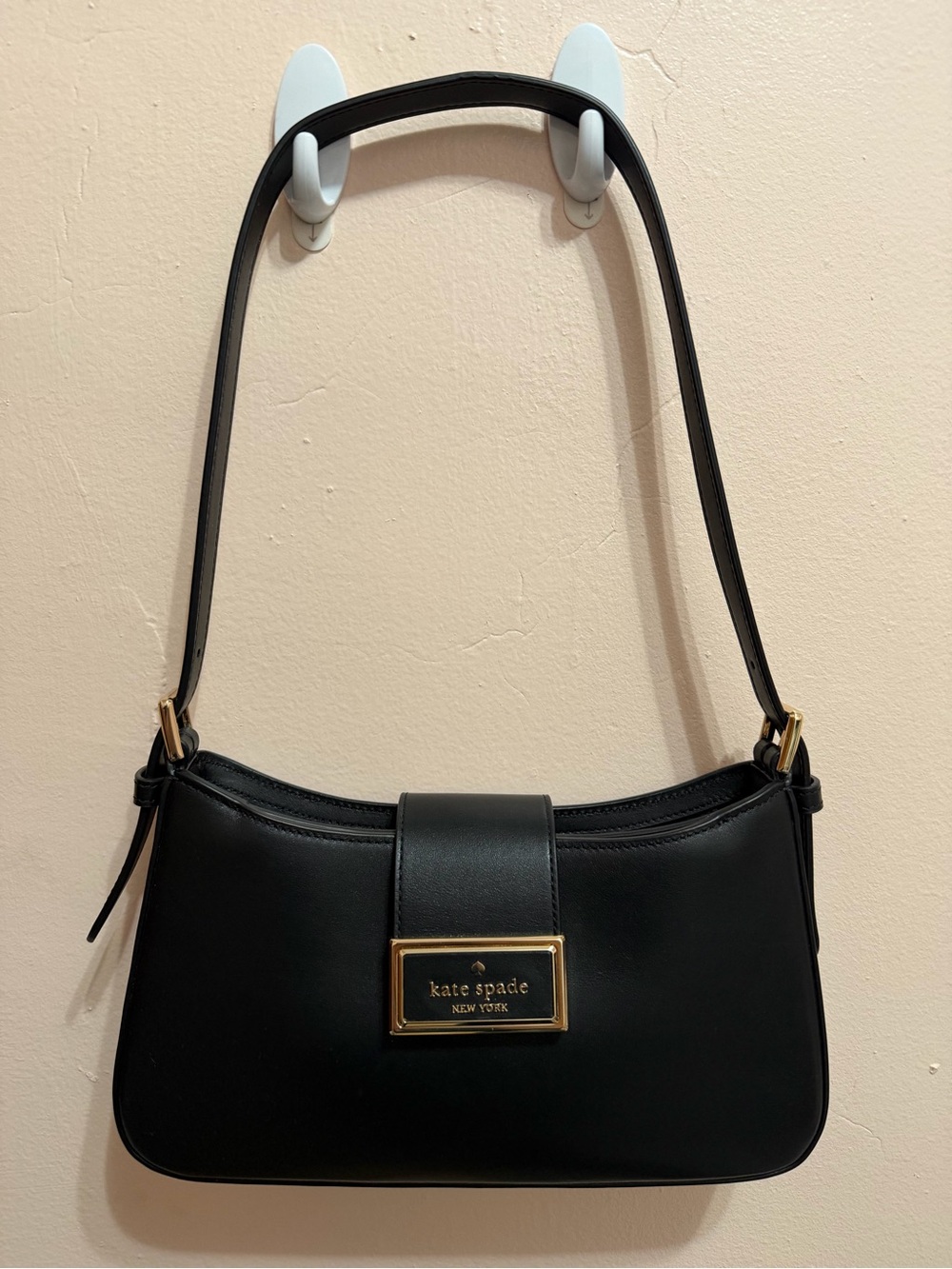 kate spade Black Leather Shoulder Bag with Gold Plaque